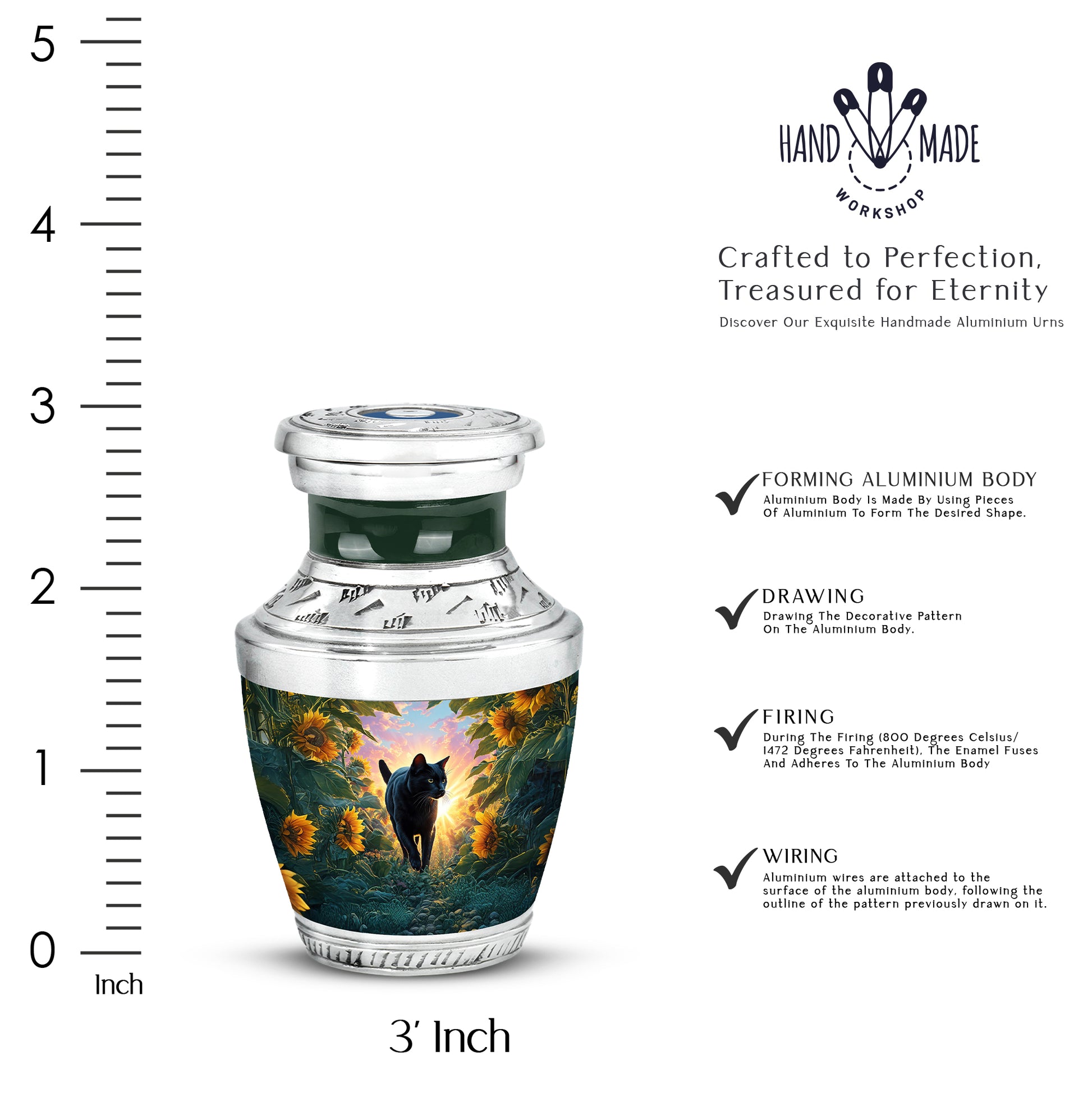 Navy Blue Cat Cremation Urn top-down view of secure threaded lid - modern art-inspired cat motif on sleek aluminum - mini keepsake memorial for portion of cremation ashes