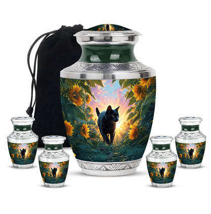 Celestial Blue Cat Cremation Urn lifestyle display on memorial shelf - modern art-inspired cat motif on sleek aluminum - memorial set with one large and four small urns