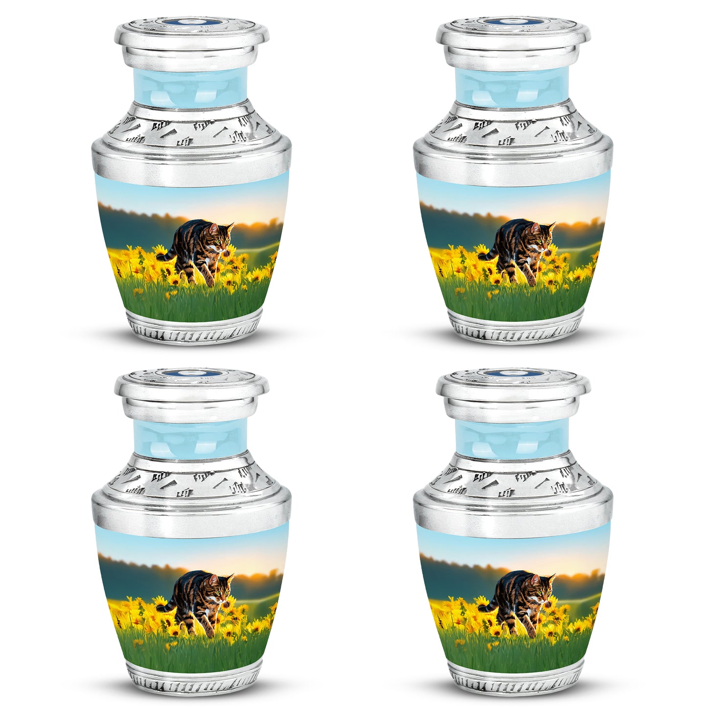 Sea Green Teal Cat Cremation Urn back view with polished surface - modern art-inspired cat motif on sleek aluminum - 10 inch aluminum urn for cremated remains