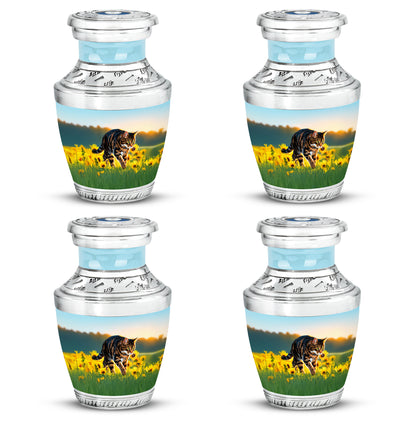 Sea Green Teal Cat Cremation Urn back view with polished surface - modern art-inspired cat motif on sleek aluminum - 10 inch aluminum urn for cremated remains
