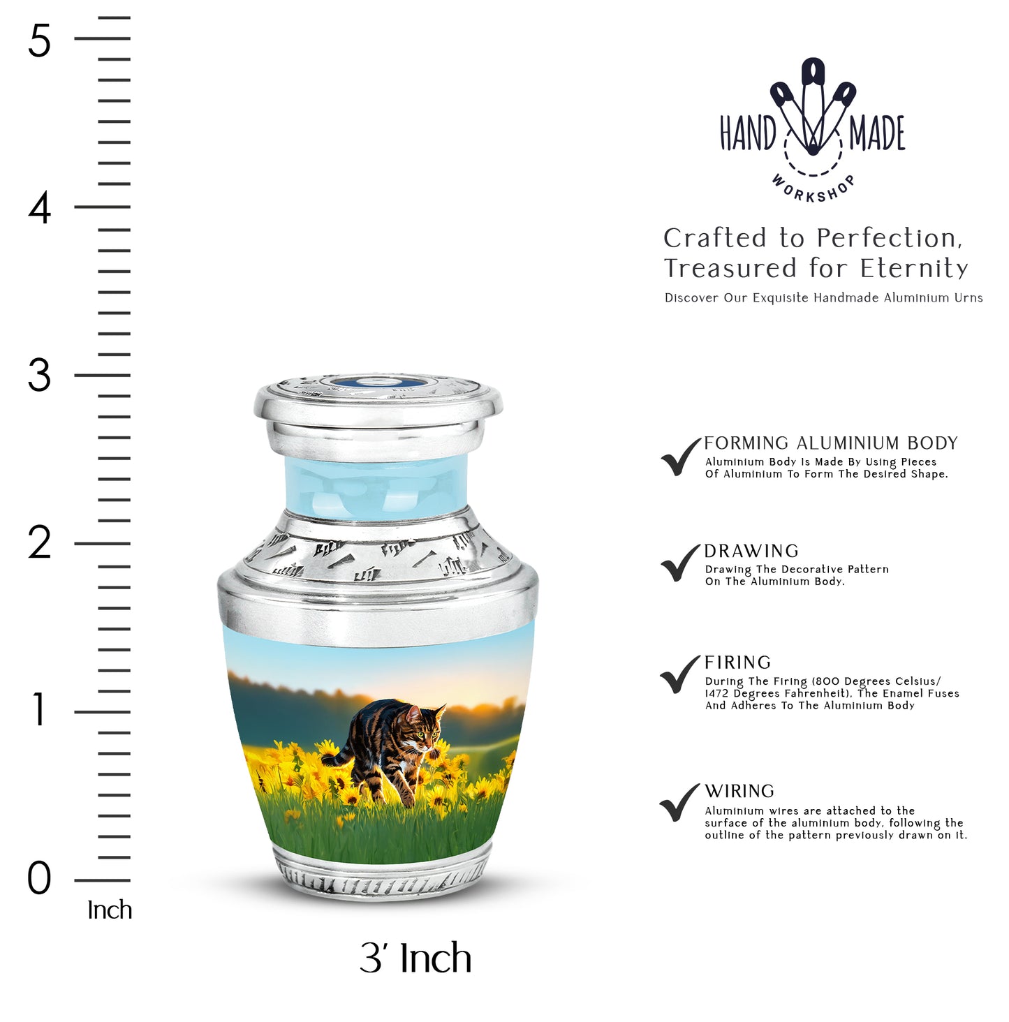 Ocean Teal Cat Cremation Urn top-down view of secure threaded lid - modern art-inspired cat motif on sleek aluminum - mini keepsake memorial for portion of cremation ashes