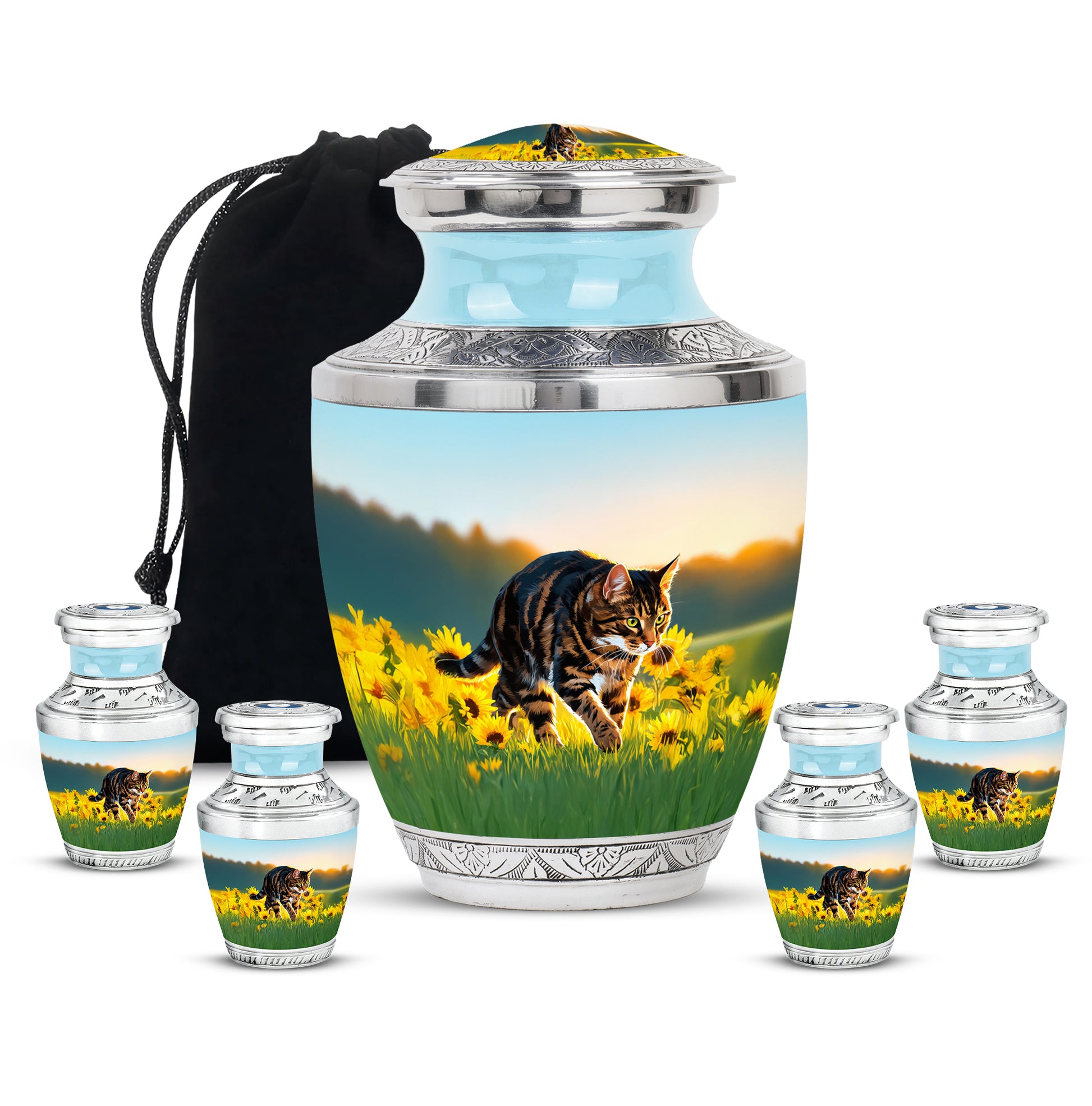 Tropical Teal Cat Cremation Urn lifestyle display on memorial shelf - artistic cat interpretation with creative detail - memorial set with one large and four small urns