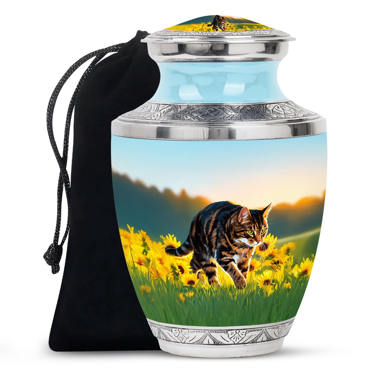 Vivid Teal Cat Cremation Urn side profile showing urn shape - stylized abstract cat pattern with bold lines - full-size 10 inch 200 cubic inch adult cremation urn