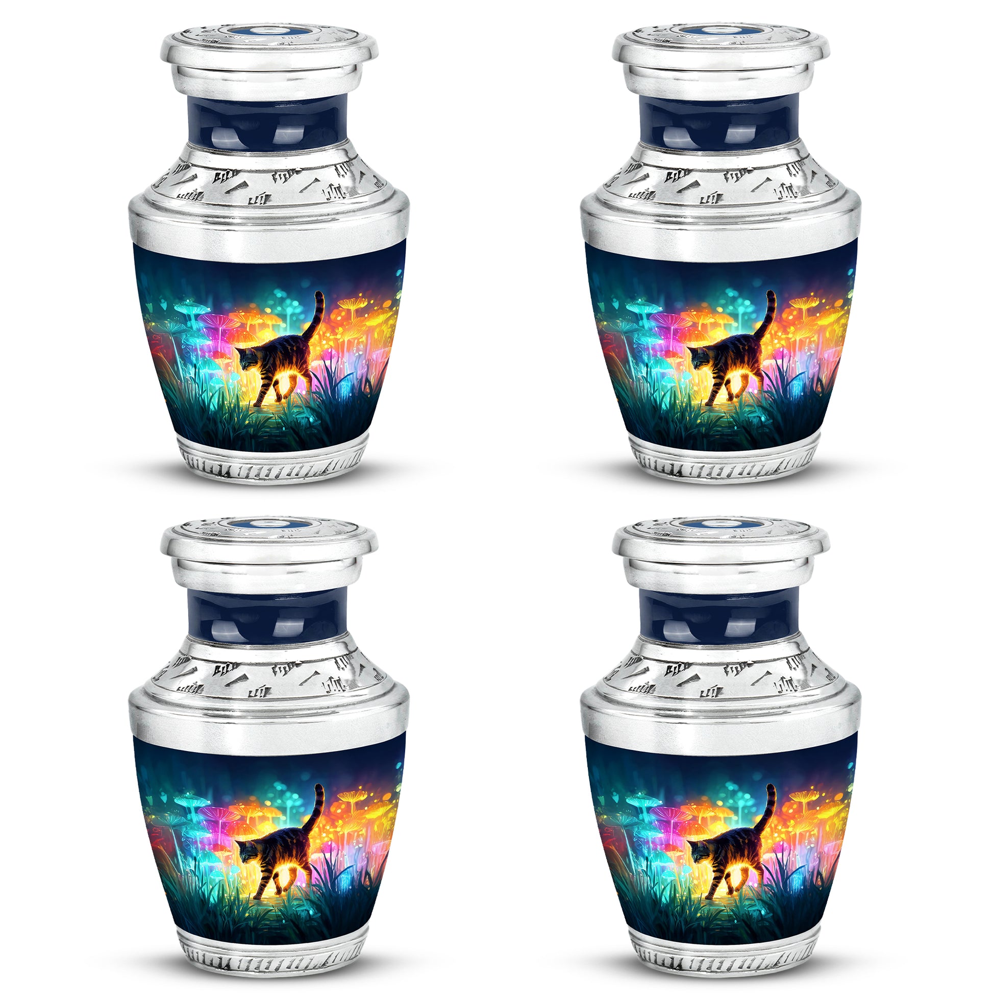 Vivid Blue Cat Cremation Urn back view with polished surface - stylized abstract cat pattern with bold lines - 10 inch aluminum urn for cremated remains