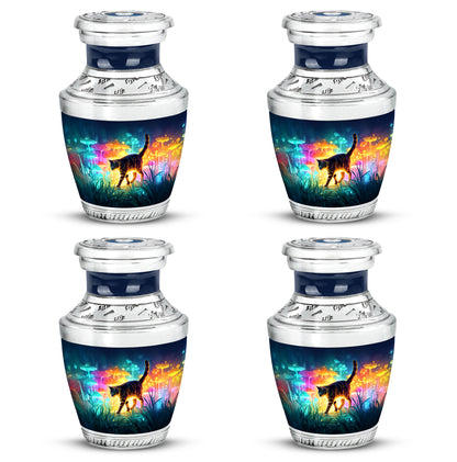 Vivid Blue Cat Cremation Urn back view with polished surface - stylized abstract cat pattern with bold lines - 10 inch aluminum urn for cremated remains