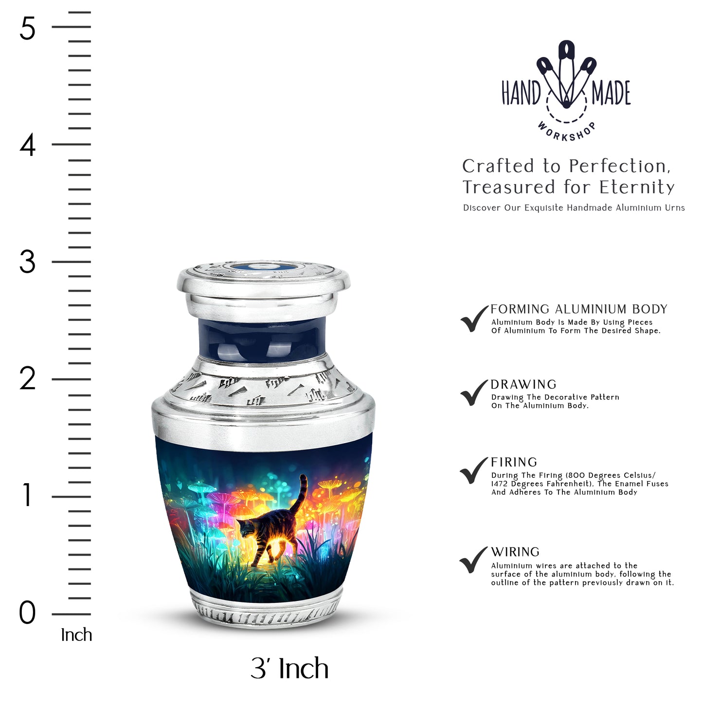 Icy Blue Cat Cremation Urn top-down view of secure threaded lid - modern art-inspired cat motif on sleek aluminum - mini keepsake memorial for portion of cremation ashes