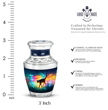 Icy Blue Cat Cremation Urn top-down view of secure threaded lid - modern art-inspired cat motif on sleek aluminum - mini keepsake memorial for portion of cremation ashes