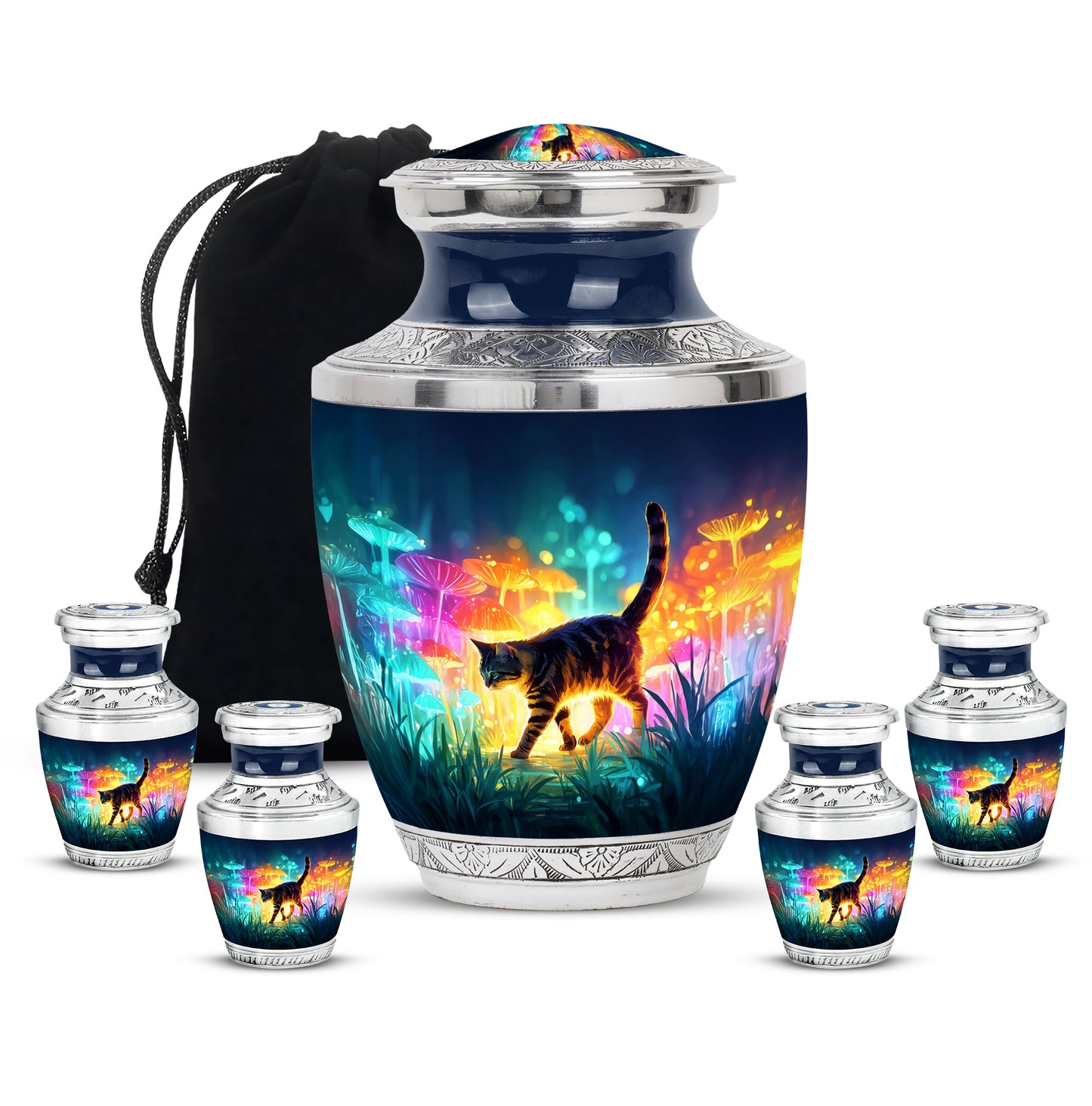 Serene Blue Cat Cremation Urn lifestyle display on memorial shelf - stylized abstract cat pattern with bold lines - memorial set with one large and four small urns