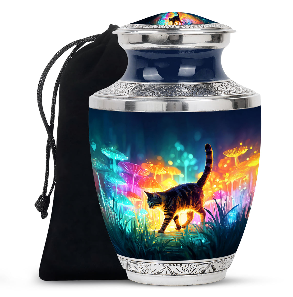 Steel Blue Cat Cremation Urn side profile showing urn shape - stylized abstract cat pattern with bold lines - full-size 10 inch 200 cubic inch adult cremation urn