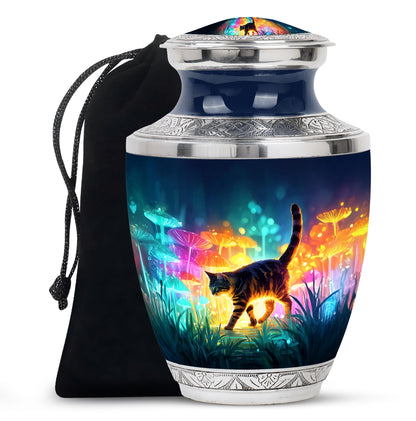 Steel Blue Cat Cremation Urn side profile showing urn shape - stylized abstract cat pattern with bold lines - full-size 10 inch 200 cubic inch adult cremation urn