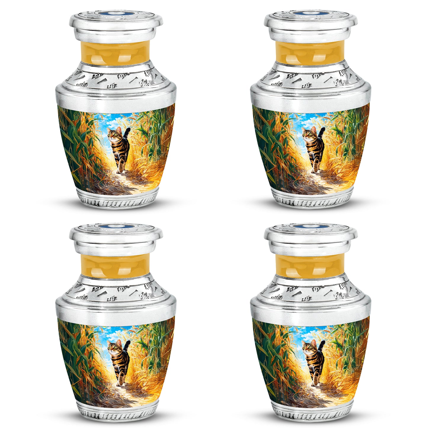 Ocean Teal Cat Cremation Urn back view with polished surface - contemporary cat design with modern artistic flair - 10 inch aluminum urn for cremated remains