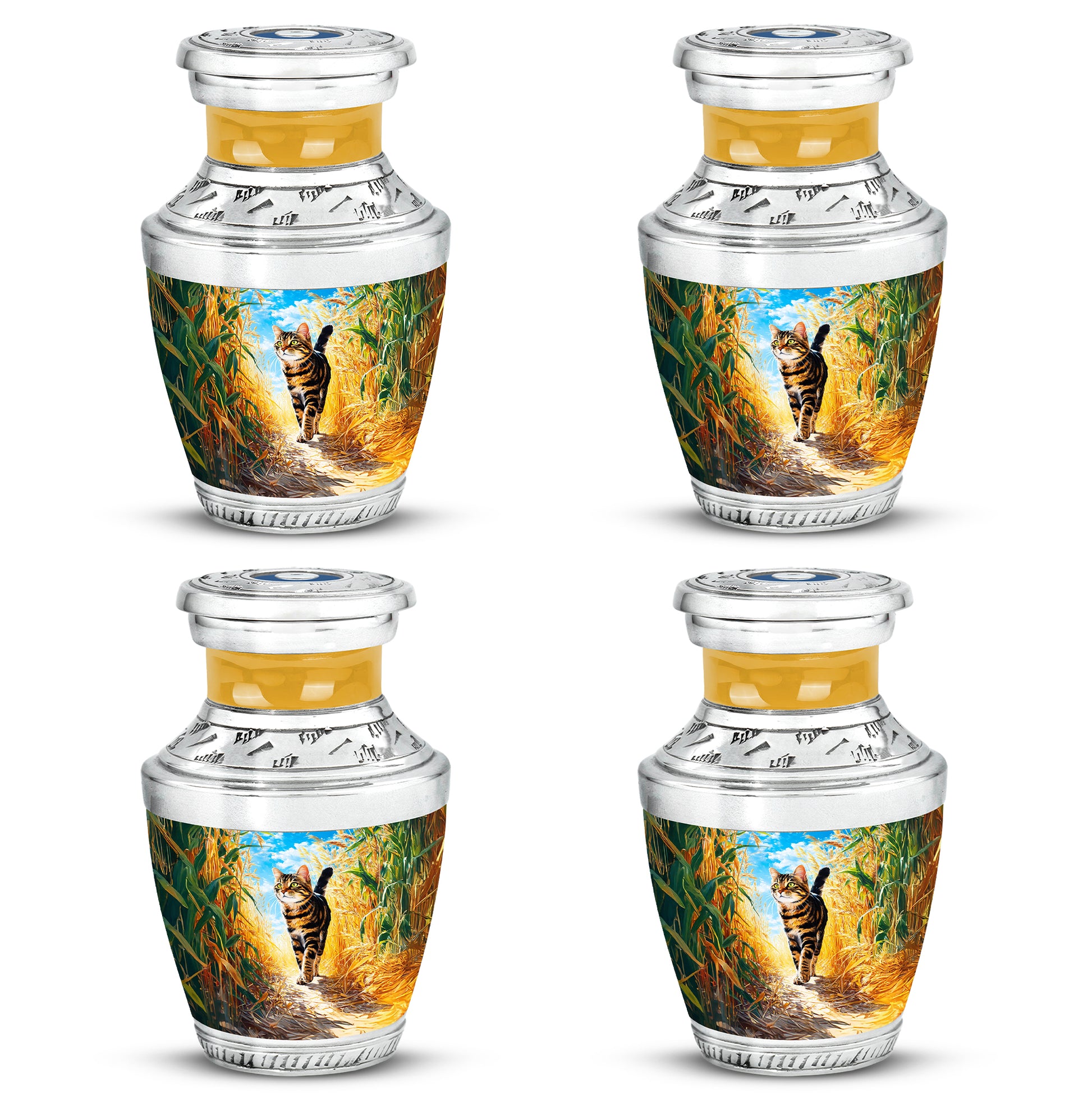 Ocean Teal Cat Cremation Urn back view with polished surface - contemporary cat design with modern artistic flair - 10 inch aluminum urn for cremated remains