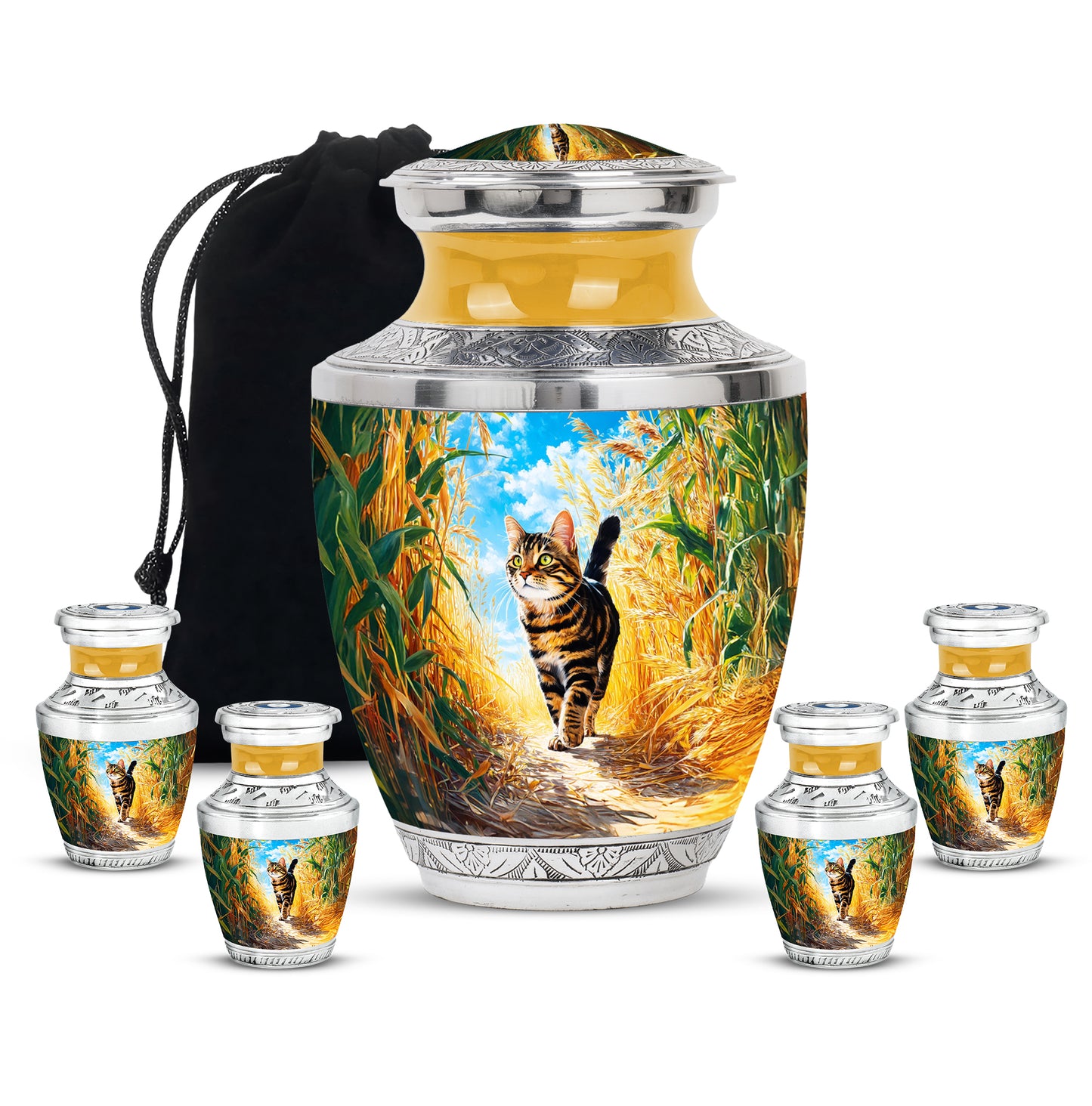Soft Teal Cat Cremation Urn lifestyle display on memorial shelf - contemporary cat design with modern artistic flair - memorial set with one large and four small urns