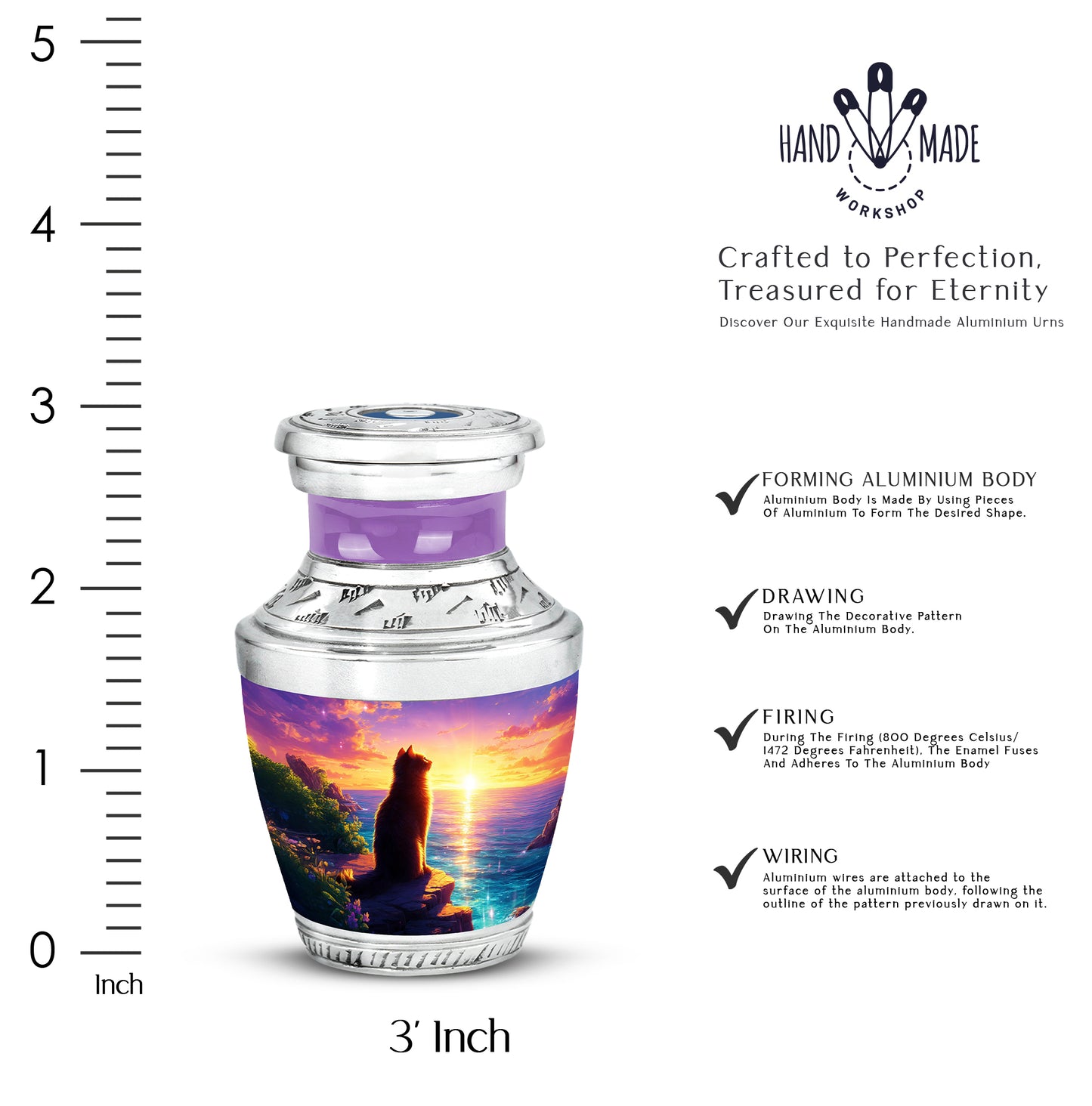 Vintage Pink Cat Cremation Urn top-down view of secure threaded lid - artistic cat interpretation with creative detail - mini keepsake memorial for portion of cremation ashes