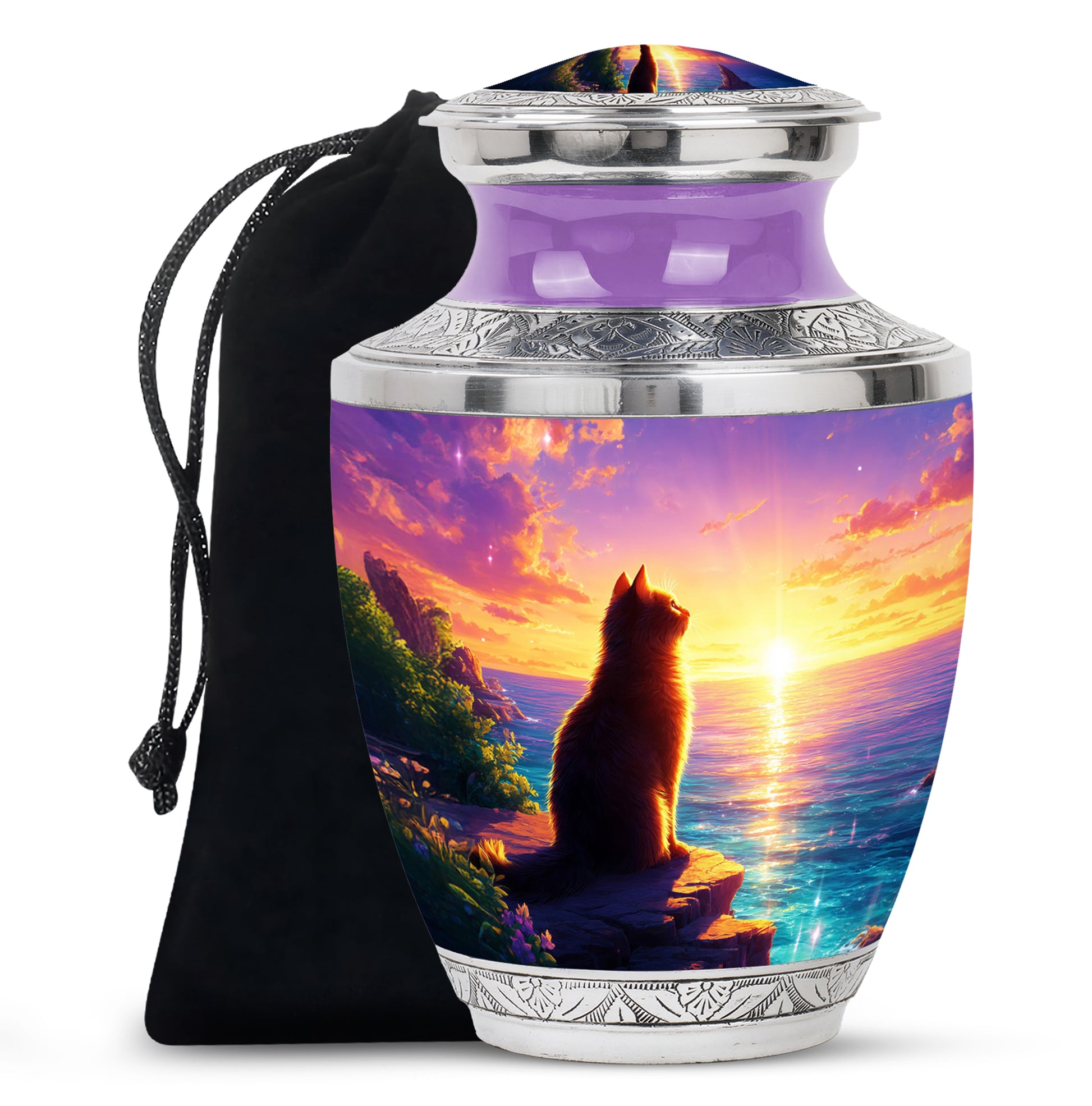 Pastel Pink Cat Cremation Urn side profile showing urn shape - modern art-inspired cat motif on sleek aluminum - full-size 10 inch 200 cubic inch adult cremation urn