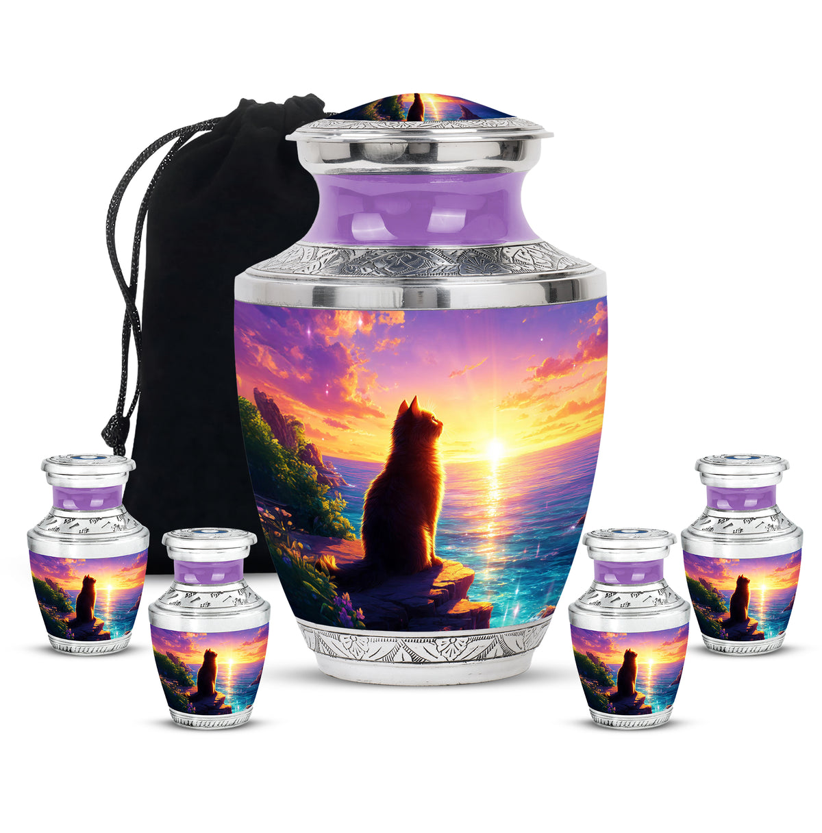 Petal Pink Cat Cremation Urn lifestyle display on memorial shelf - artistic cat interpretation with creative detail - memorial set with one large and four small urns