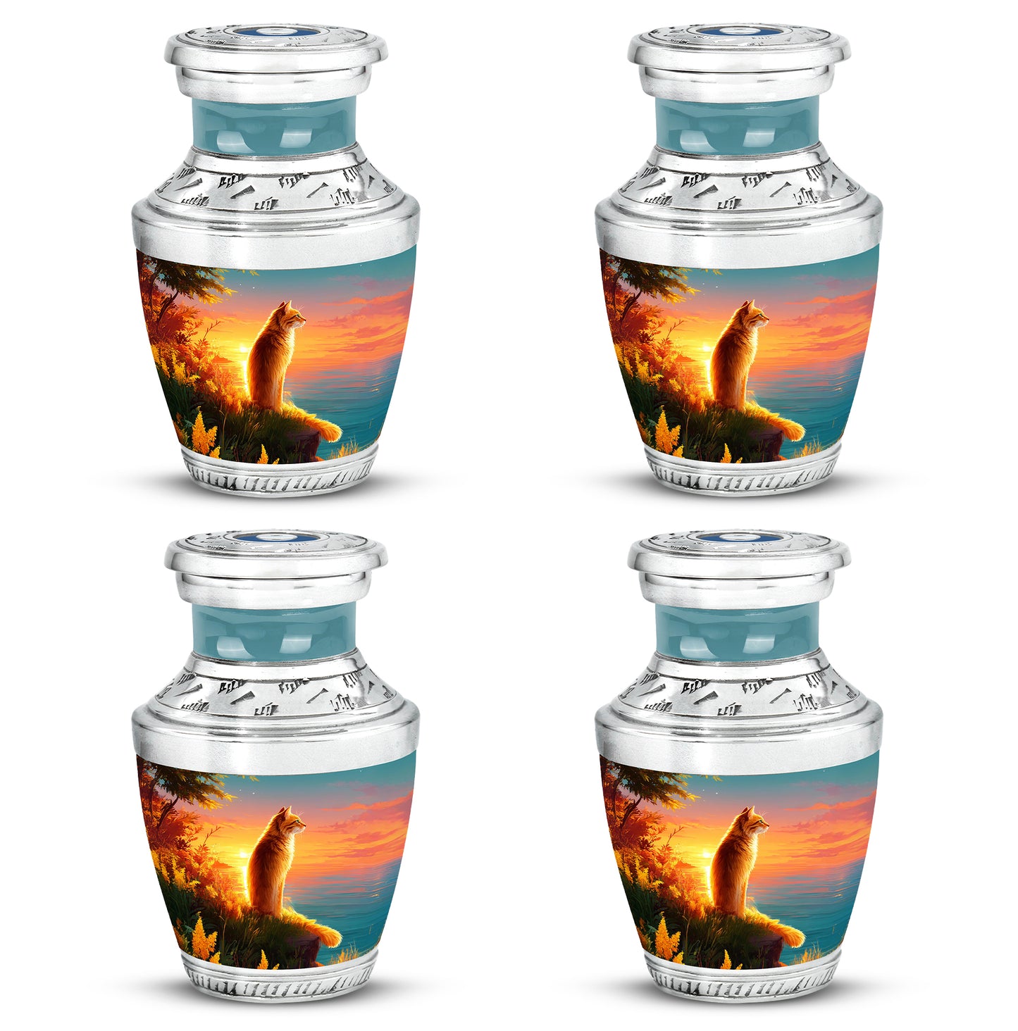 Mystic Teal Cat Cremation Urn back view with polished surface - stylized abstract cat pattern with bold lines - 10 inch aluminum urn for cremated remains