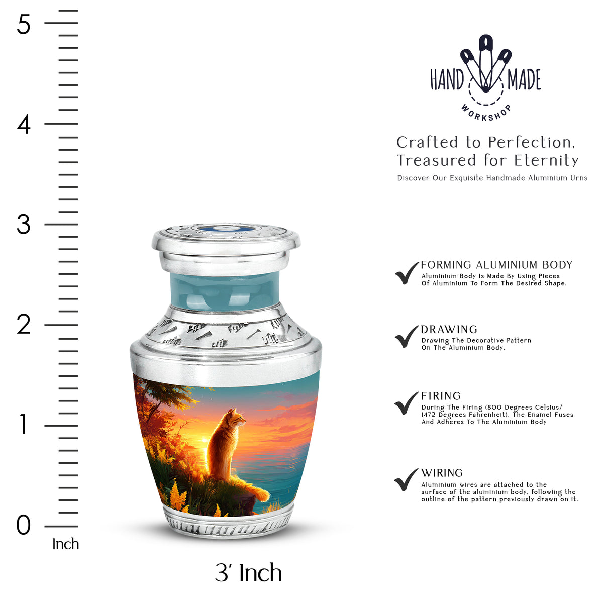 Sea Green Teal Cat Cremation Urn top-down view of secure threaded lid - modern art-inspired cat motif on sleek aluminum - mini keepsake memorial for portion of cremation ashes