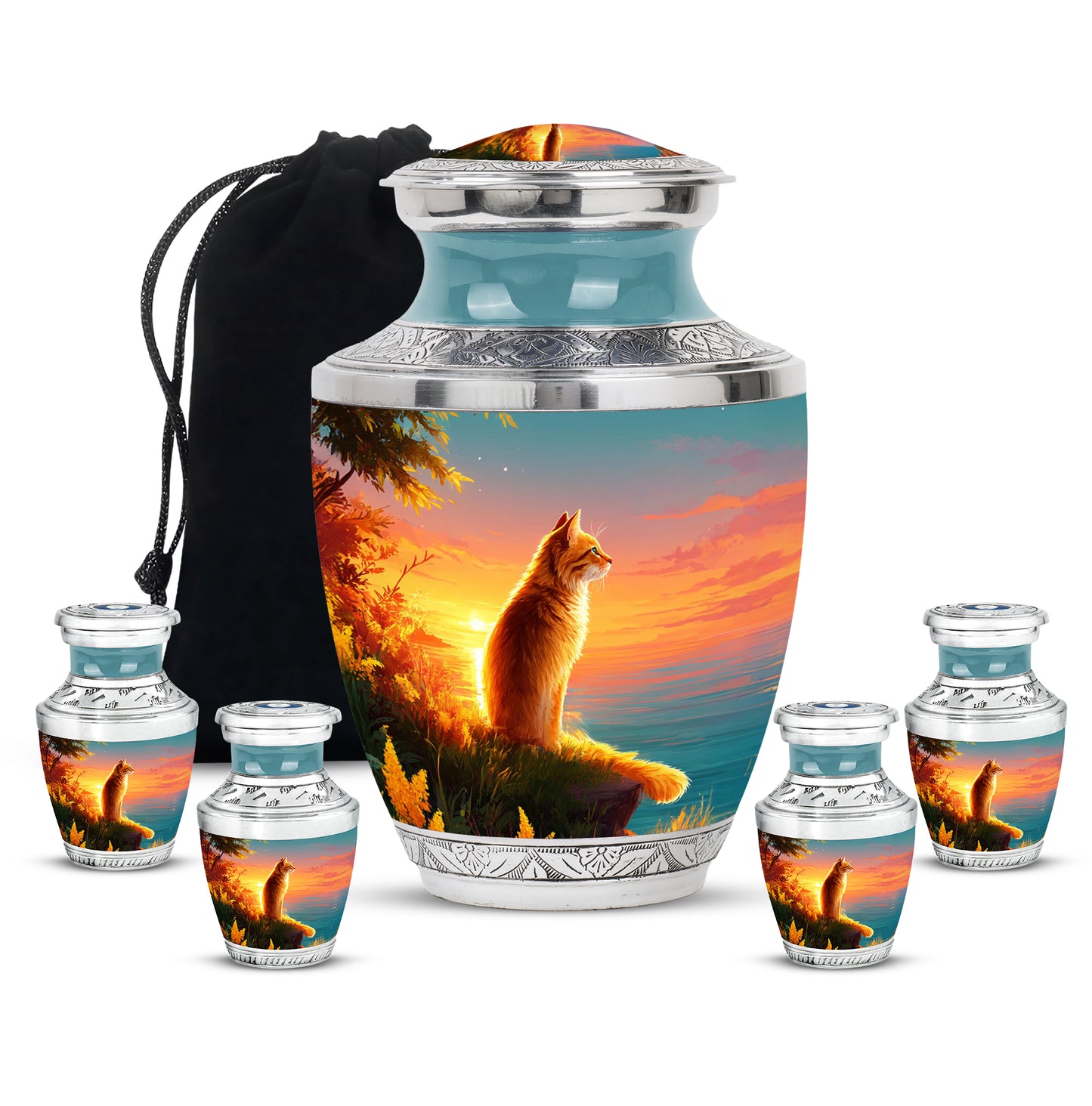 Jewel Teal Cat Cremation Urn lifestyle display on memorial shelf - modern art-inspired cat motif on sleek aluminum - memorial set with one large and four small urns