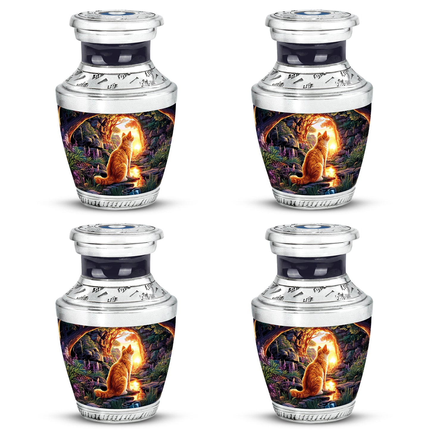 Violet Purple Cat Cremation Urn back view with polished surface - artistic cat interpretation with creative detail - 10 inch aluminum urn for cremated remains