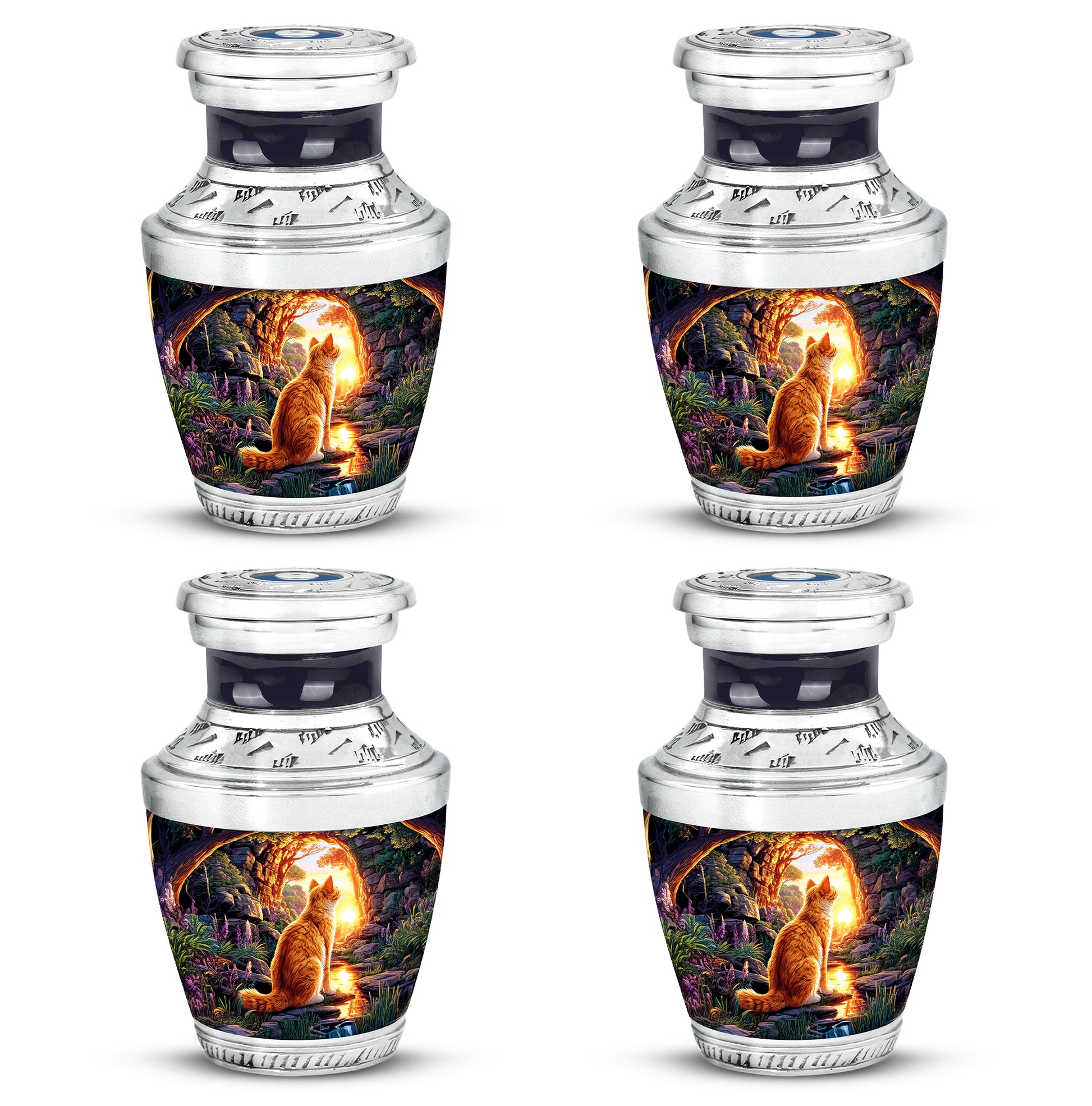 Violet Purple Cat Cremation Urn back view with polished surface - artistic cat interpretation with creative detail - 10 inch aluminum urn for cremated remains