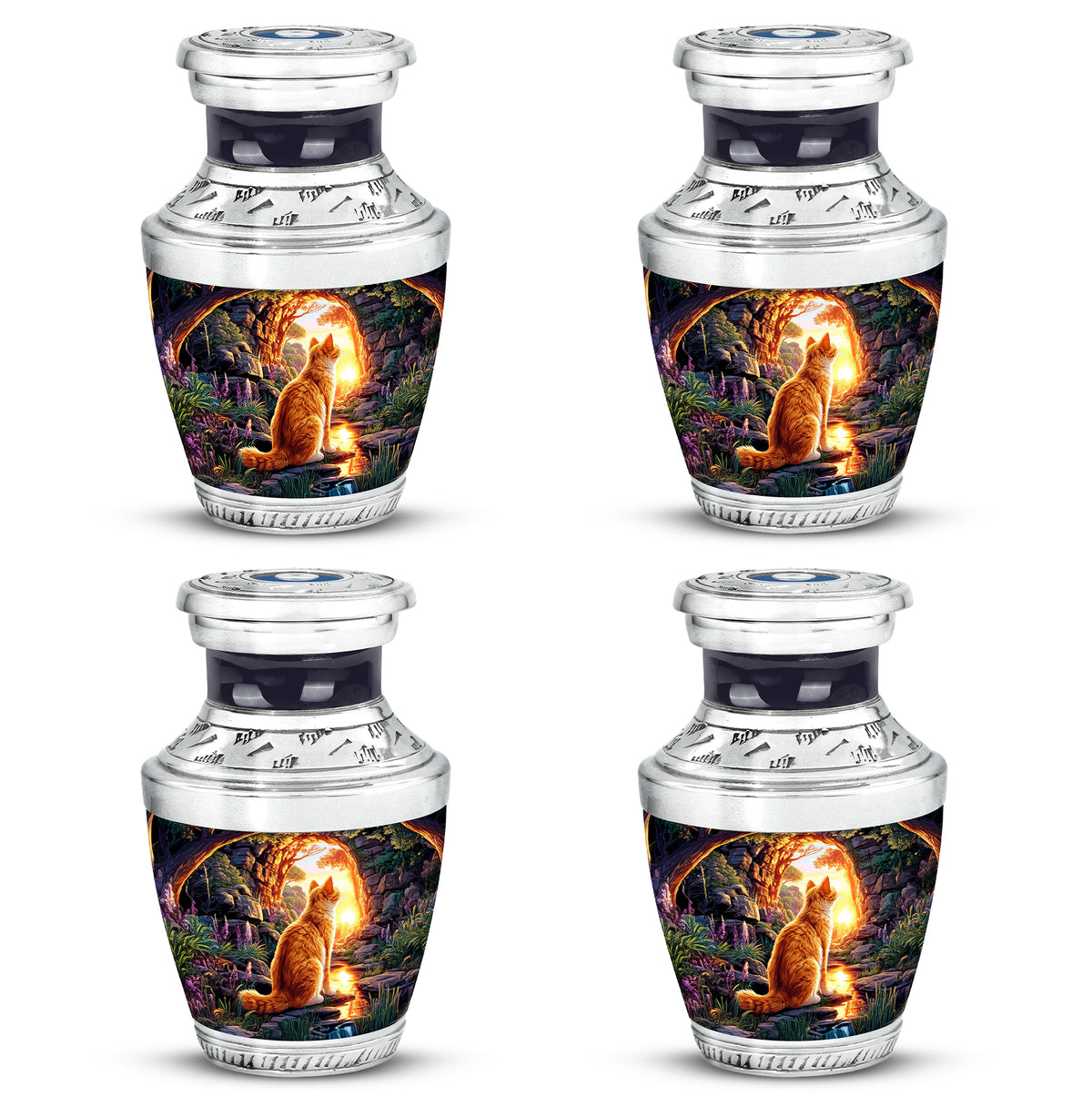 Violet Purple Cat Cremation Urn back view with polished surface - artistic cat interpretation with creative detail - 10 inch aluminum urn for cremated remains