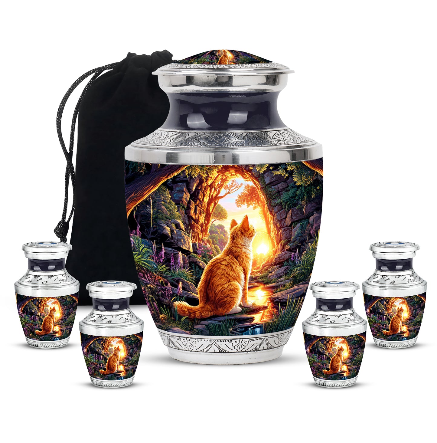 Violet Purple Cat Cremation Urn lifestyle display on memorial shelf - artistic cat interpretation with creative detail - memorial set with one large and four small urns