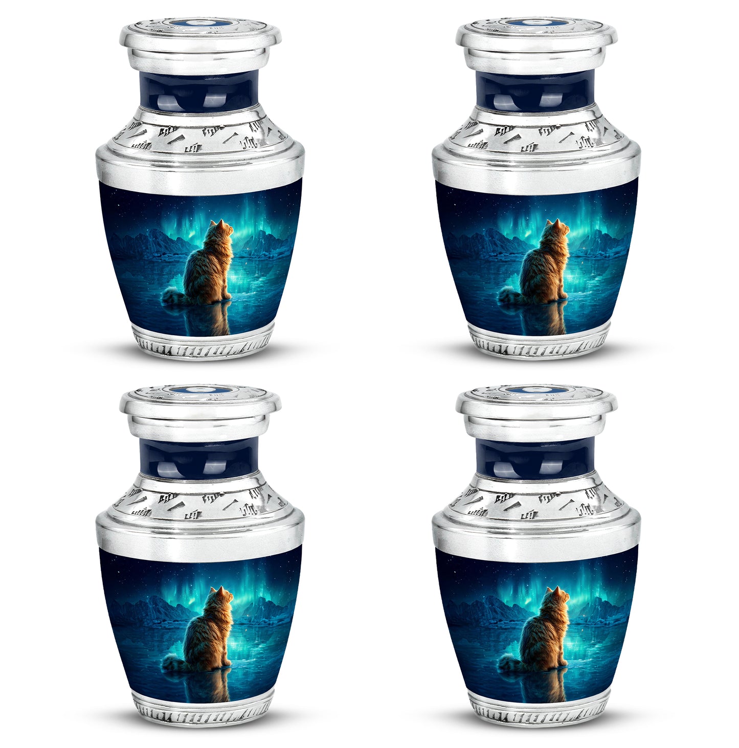 Bright Blue Cat Cremation Urn back view with polished surface - artistic cat interpretation with creative detail - 10 inch aluminum urn for cremated remains