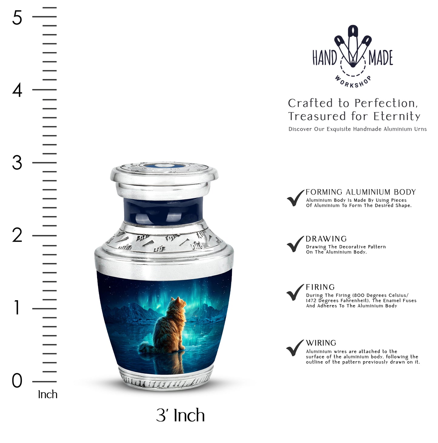 Dusty Blue Cat Cremation Urn top-down view of secure threaded lid - contemporary cat design with modern artistic flair - mini keepsake memorial for portion of cremation ashes