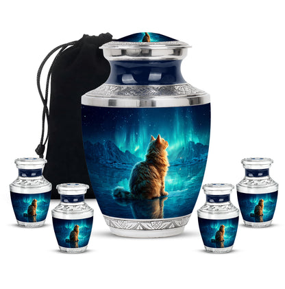 Sapphire Blue Cat Cremation Urn lifestyle display on memorial shelf - stylized abstract cat pattern with bold lines - memorial set with one large and four small urns