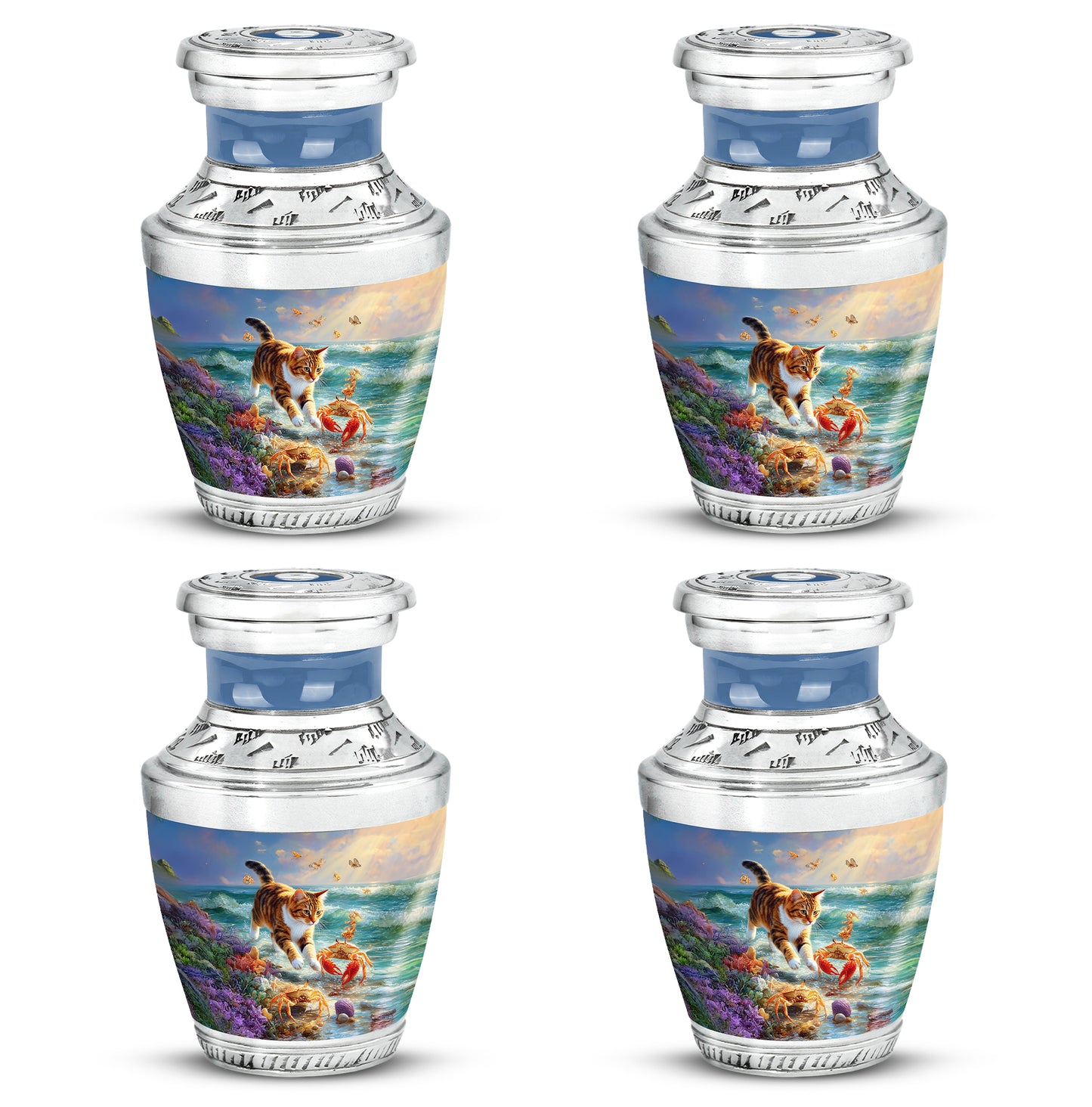 Soft Blue Cat Cremation Urn back view with polished surface - artistic cat interpretation with creative detail - 10 inch aluminum urn for cremated remains