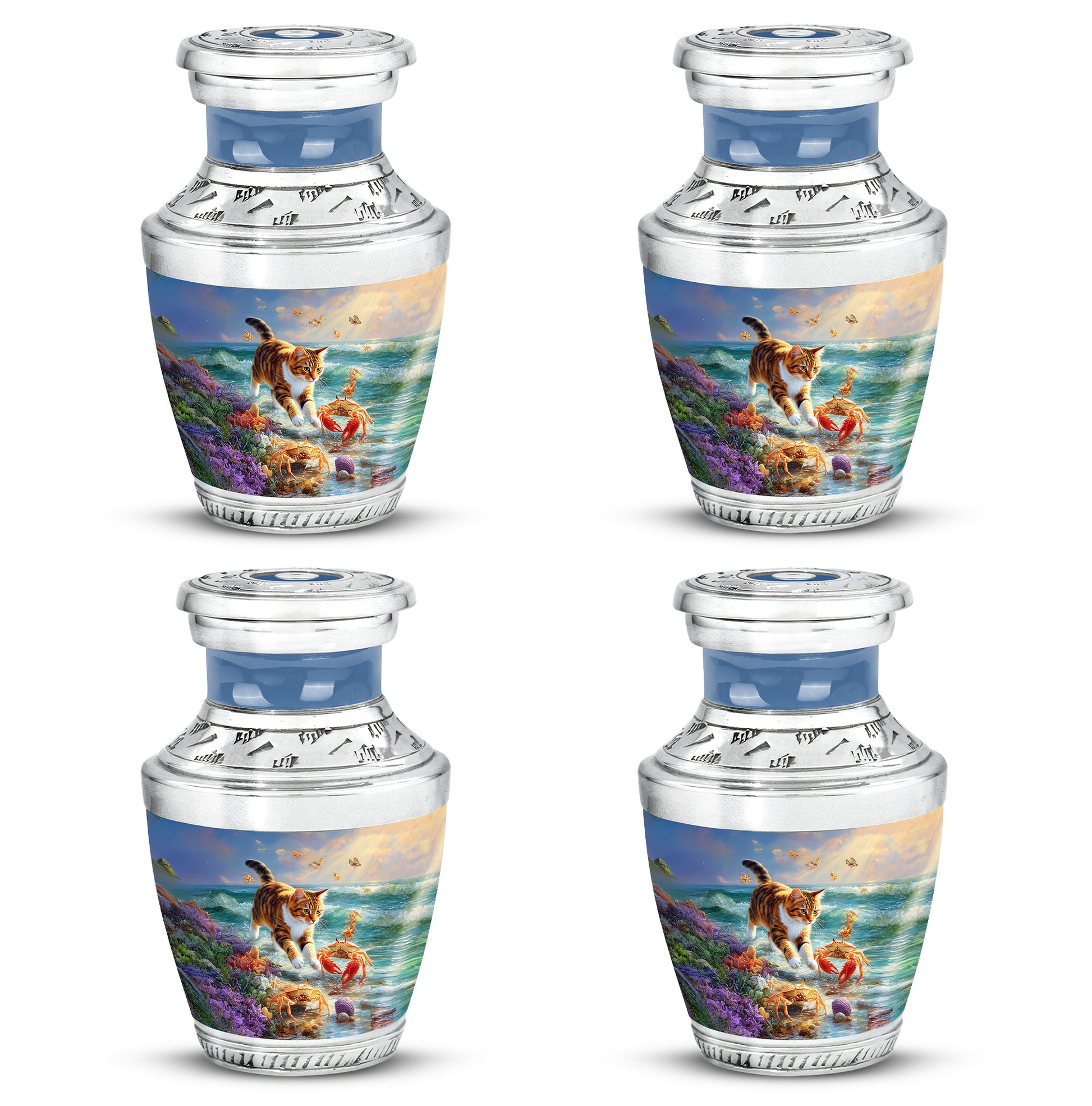 Soft Blue Cat Cremation Urn back view with polished surface - artistic cat interpretation with creative detail - 10 inch aluminum urn for cremated remains