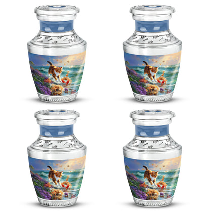 Soft Blue Cat Cremation Urn back view with polished surface - artistic cat interpretation with creative detail - 10 inch aluminum urn for cremated remains