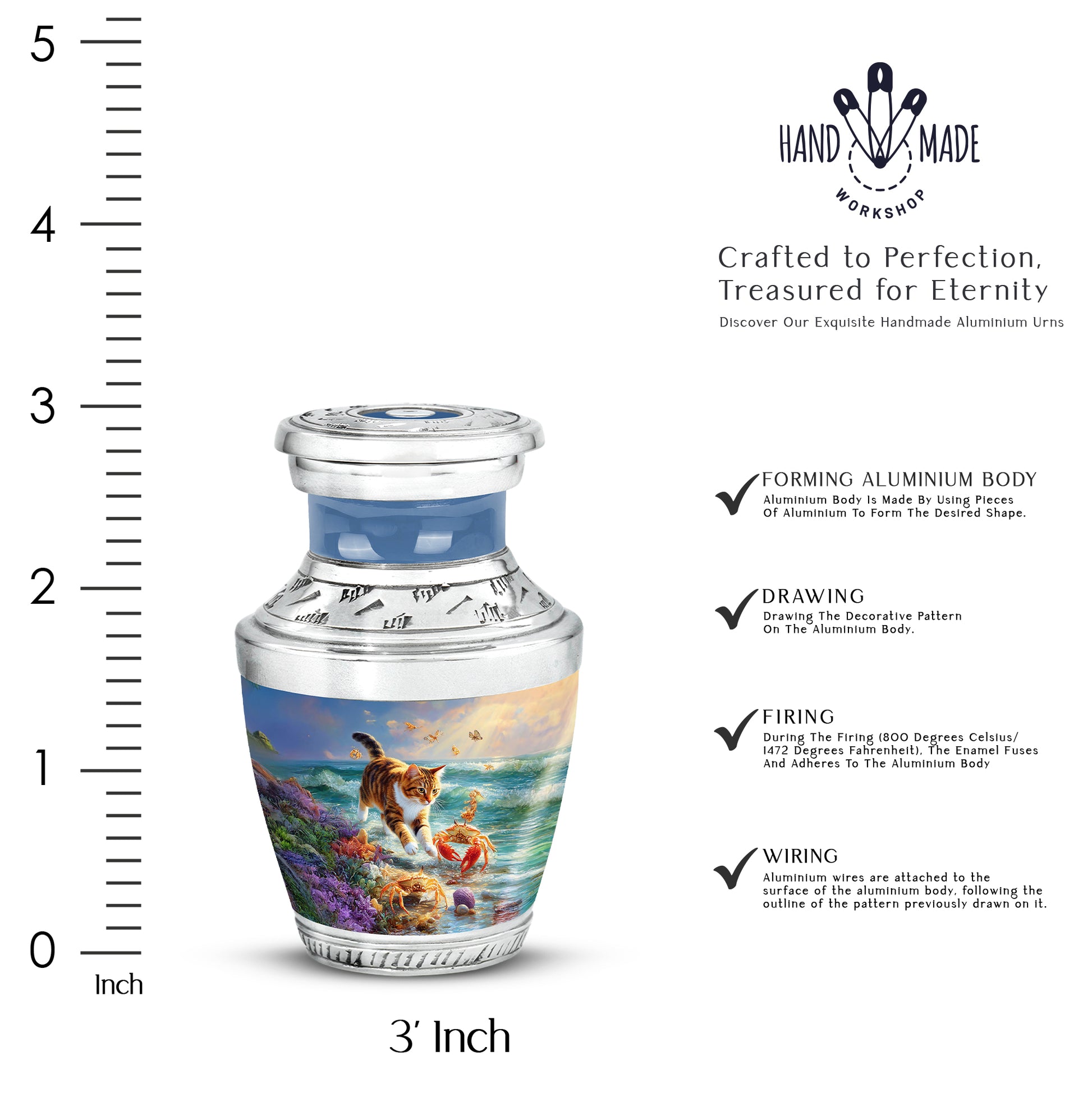 Powder Blue Cat Cremation Urn top-down view of secure threaded lid - contemporary cat design with modern artistic flair - mini keepsake memorial for portion of cremation ashes
