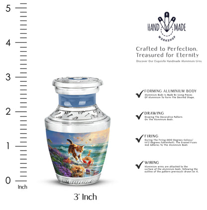 Powder Blue Cat Cremation Urn top-down view of secure threaded lid - contemporary cat design with modern artistic flair - mini keepsake memorial for portion of cremation ashes