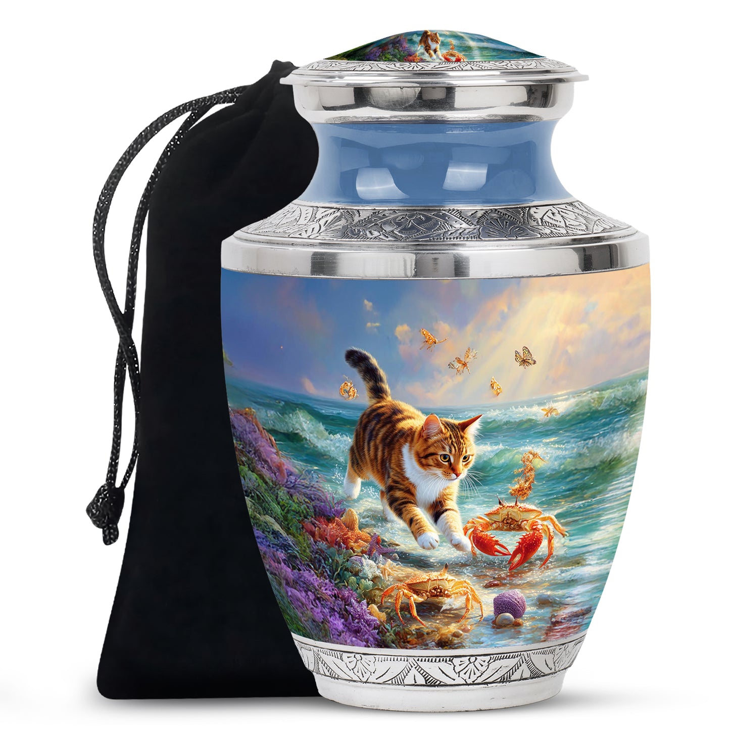 Serene Blue Cat Cremation Urn side profile showing urn shape - artistic cat interpretation with creative detail - full-size 10 inch 200 cubic inch adult cremation urn