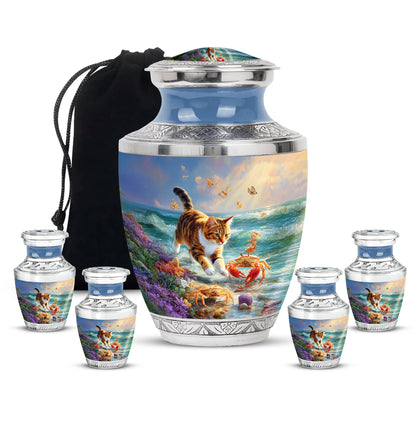 Bright Blue Cat Cremation Urn lifestyle display on memorial shelf - artistic cat interpretation with creative detail - memorial set with one large and four small urns