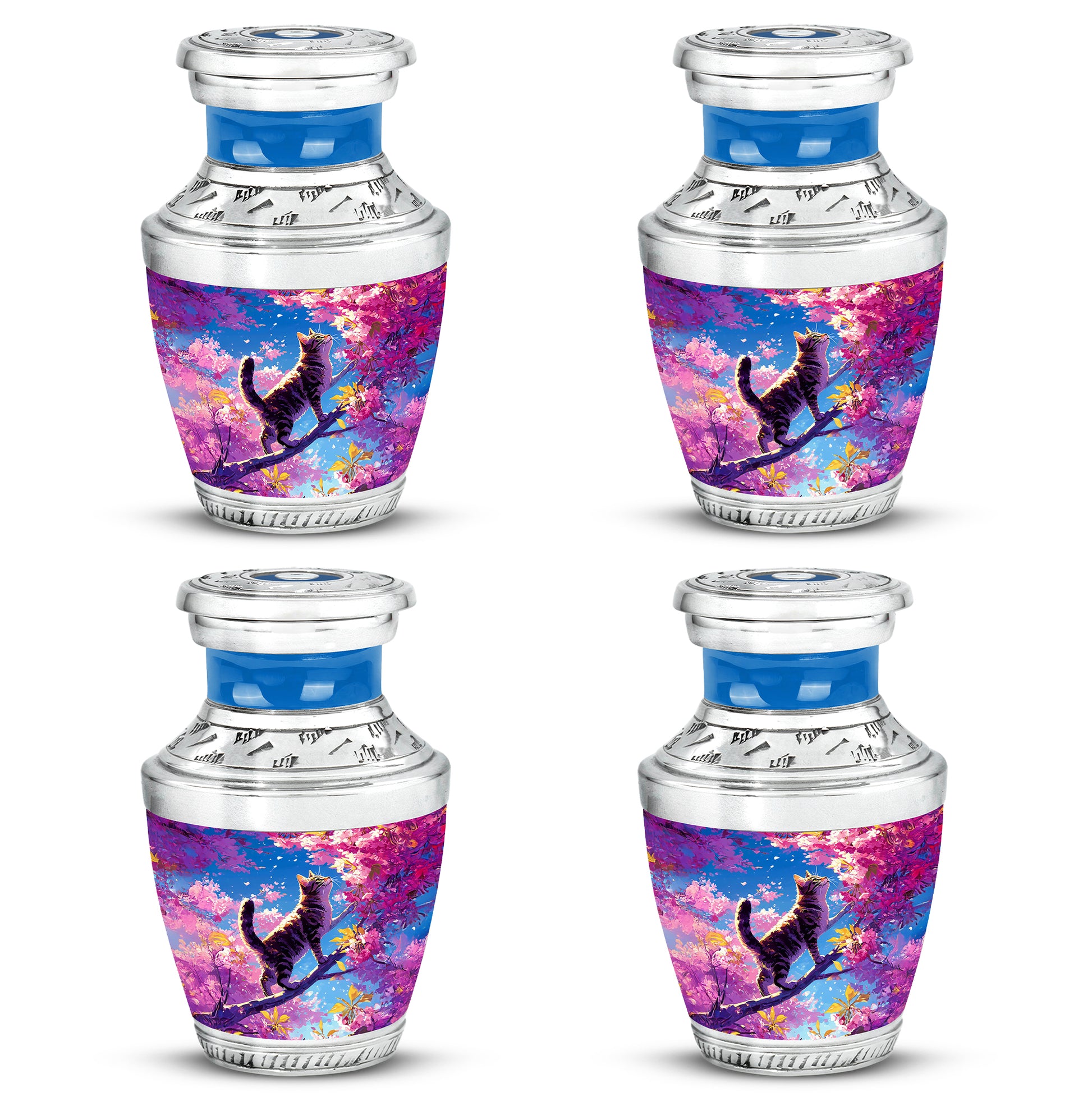 Icy Blue Cat Cremation Urn back view with polished surface - modern art-inspired cat motif on sleek aluminum - 10 inch aluminum urn for cremated remains