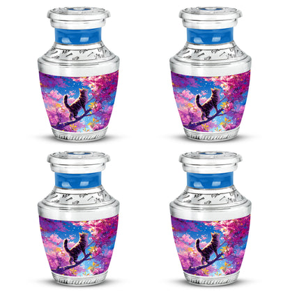 Icy Blue Cat Cremation Urn back view with polished surface - modern art-inspired cat motif on sleek aluminum - 10 inch aluminum urn for cremated remains