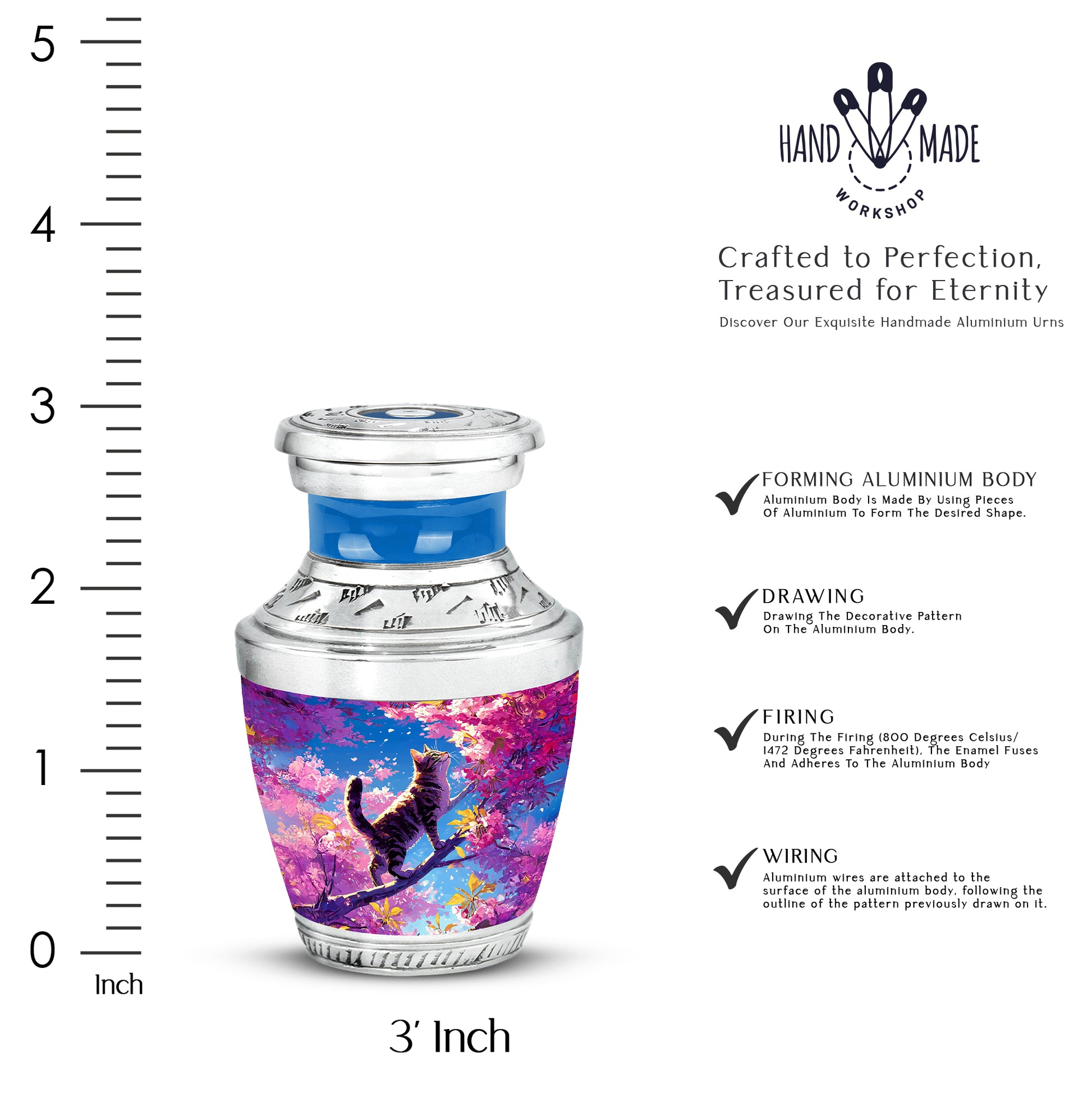 Icy Blue Cat Cremation Urn top-down view of secure threaded lid - contemporary cat design with modern artistic flair - mini keepsake memorial for portion of cremation ashes