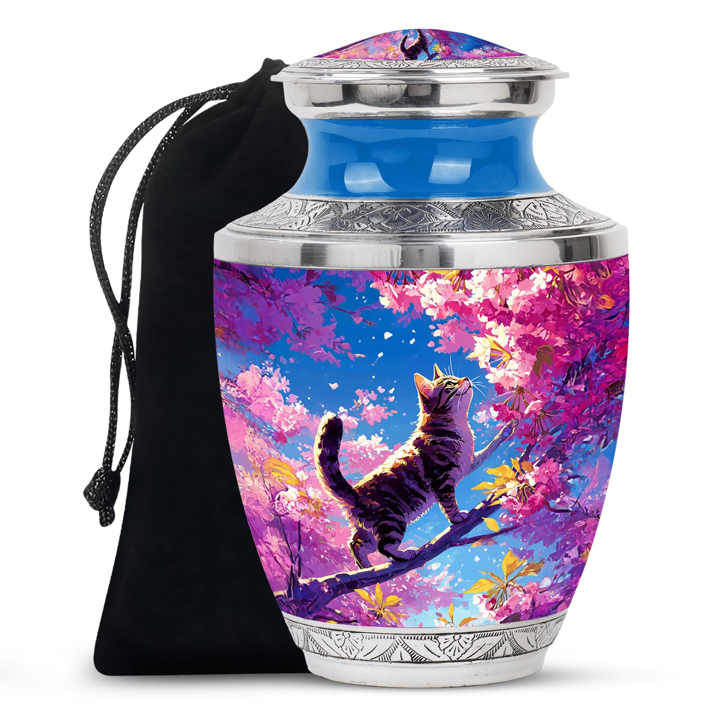 Twilight Blue Cat Cremation Urn side profile showing urn shape - artistic cat interpretation with creative detail - full-size 10 inch 200 cubic inch adult cremation urn