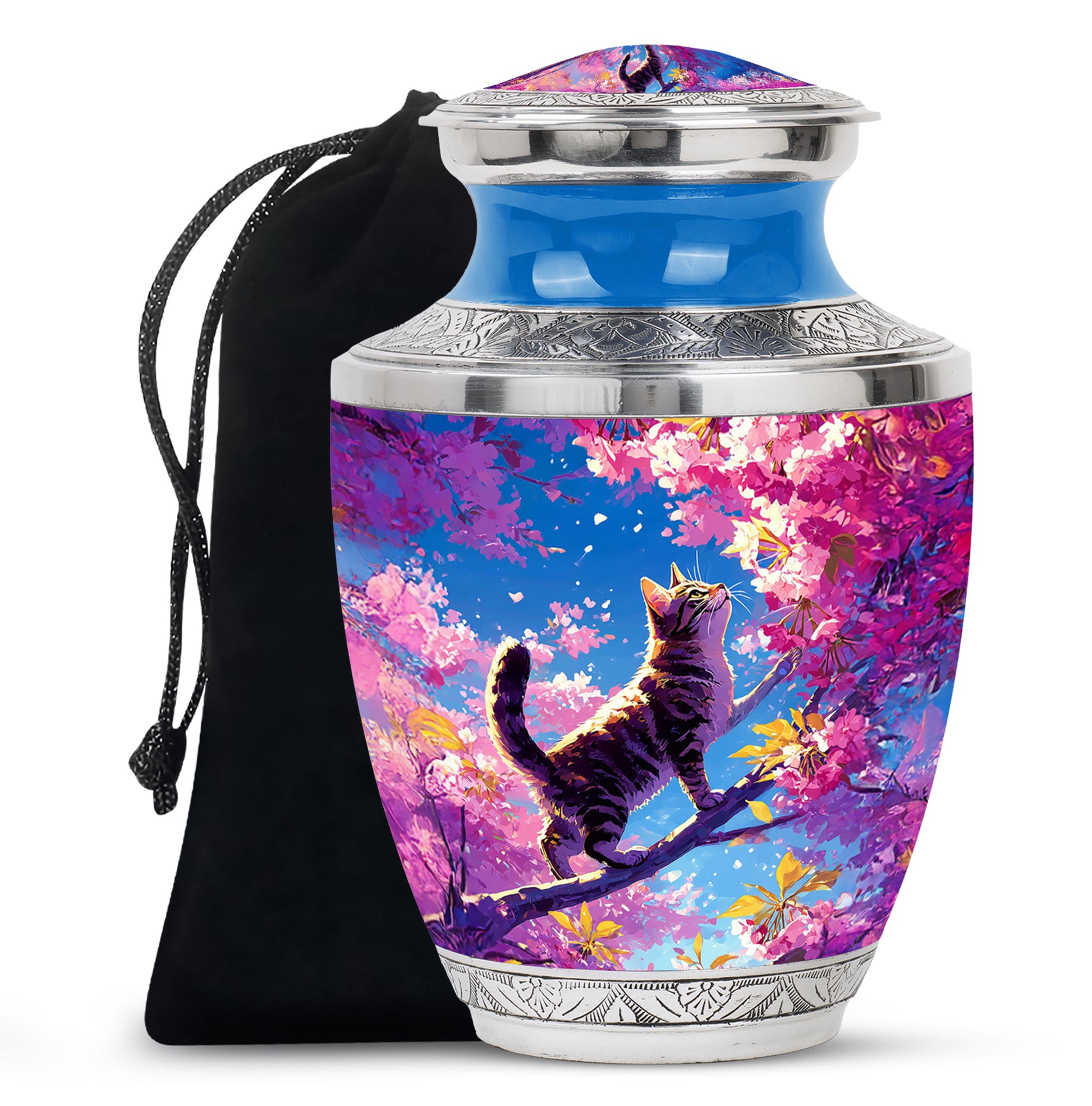 Twilight Blue Cat Cremation Urn side profile showing urn shape - artistic cat interpretation with creative detail - full-size 10 inch 200 cubic inch adult cremation urn