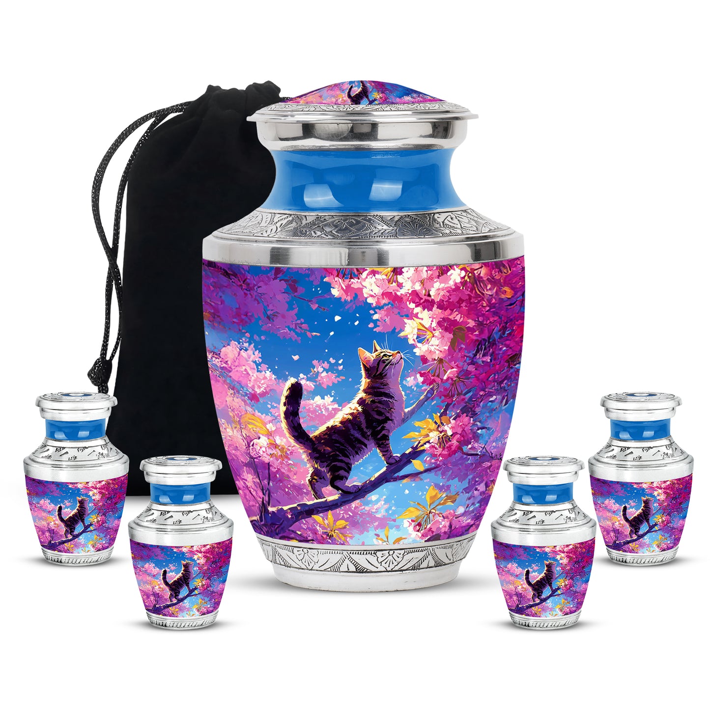 Royal Blue Cat Cremation Urn lifestyle display on memorial shelf - artistic cat interpretation with creative detail - memorial set with one large and four small urns