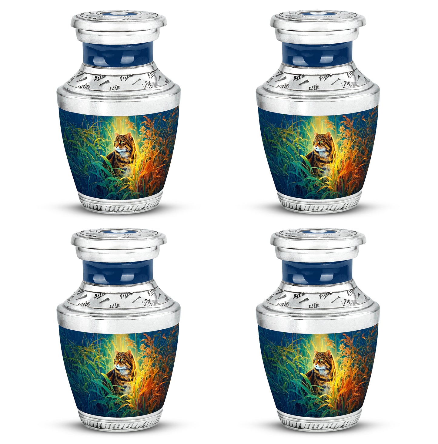 Pastel Blue Cat Cremation Urn back view with polished surface - modern art-inspired cat motif on sleek aluminum - 10 inch aluminum urn for cremated remains