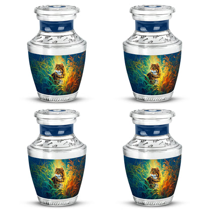 Pastel Blue Cat Cremation Urn back view with polished surface - modern art-inspired cat motif on sleek aluminum - 10 inch aluminum urn for cremated remains