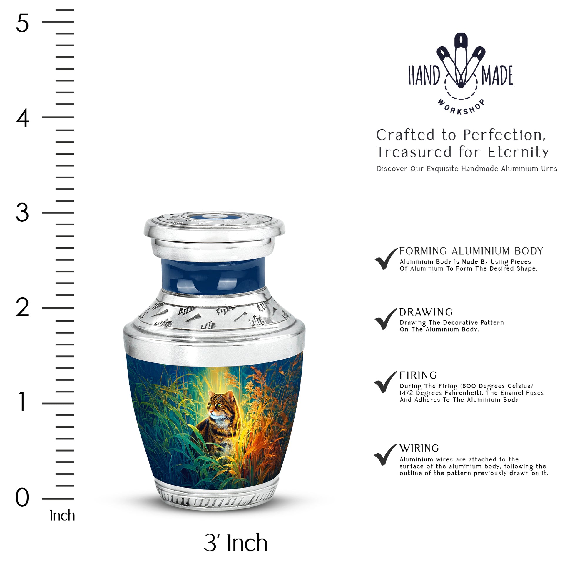 Royal Blue Cat Cremation Urn top-down view of secure threaded lid - stylized abstract cat pattern with bold lines - mini keepsake memorial for portion of cremation ashes