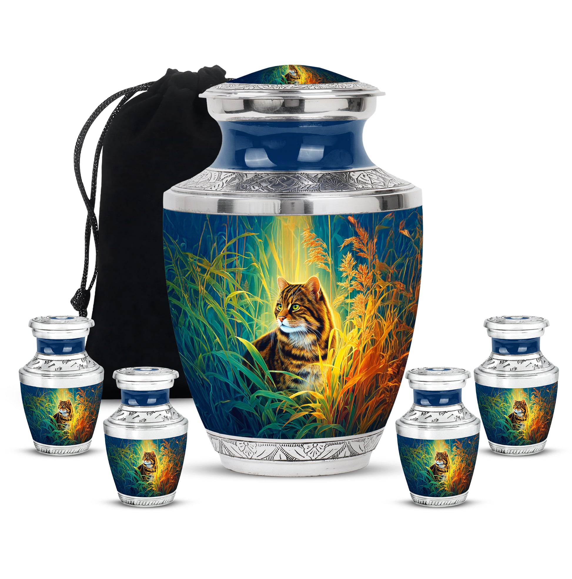 Twilight Blue Cat Cremation Urn lifestyle display on memorial shelf - artistic cat interpretation with creative detail - memorial set with one large and four small urns