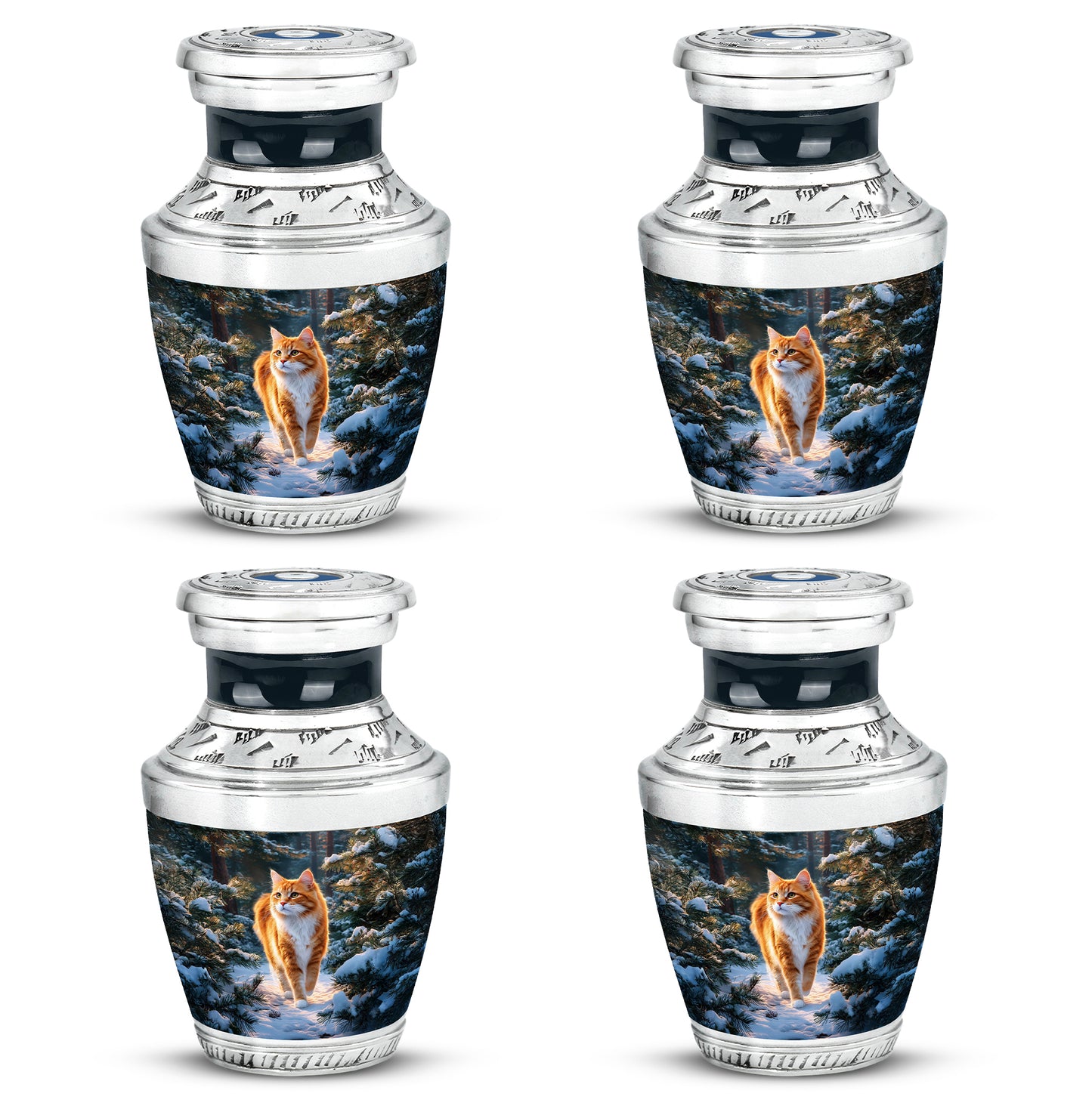 Powder Blue Cat Cremation Urn back view with polished surface - modern art-inspired cat motif on sleek aluminum - 10 inch aluminum urn for cremated remains
