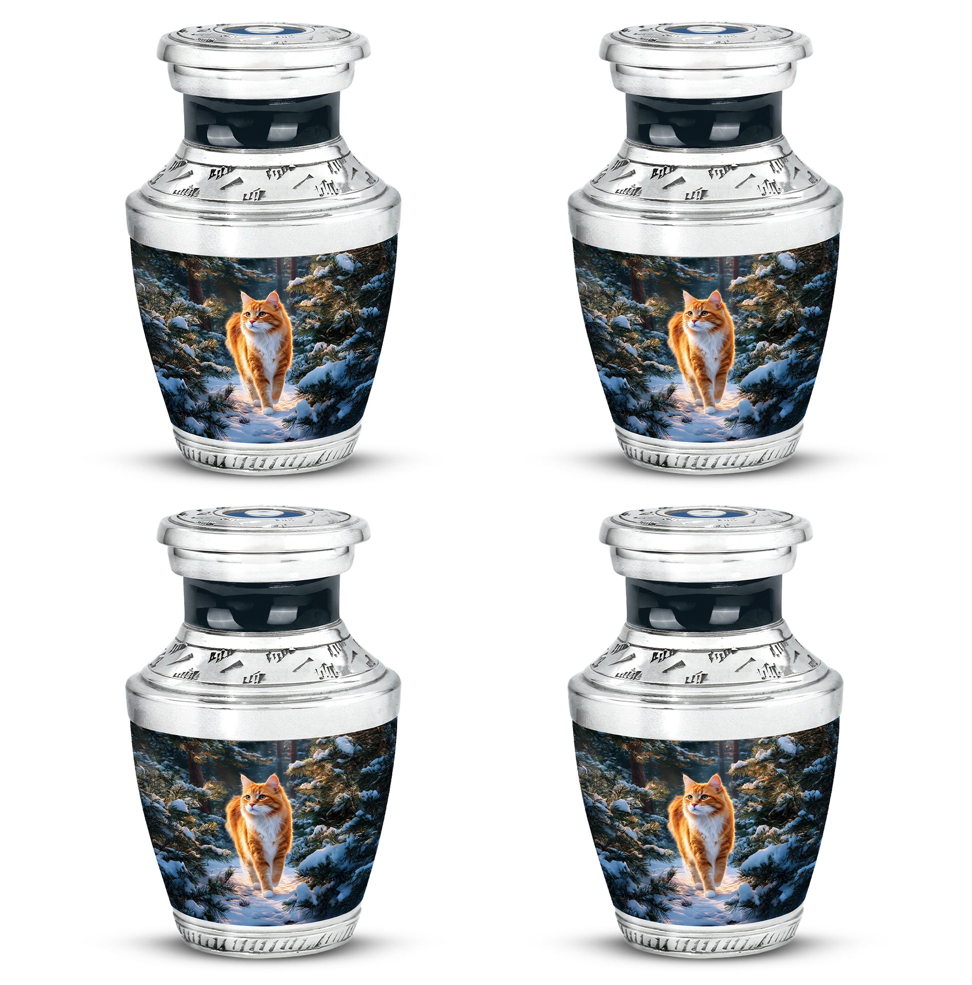 Powder Blue Cat Cremation Urn back view with polished surface - modern art-inspired cat motif on sleek aluminum - 10 inch aluminum urn for cremated remains