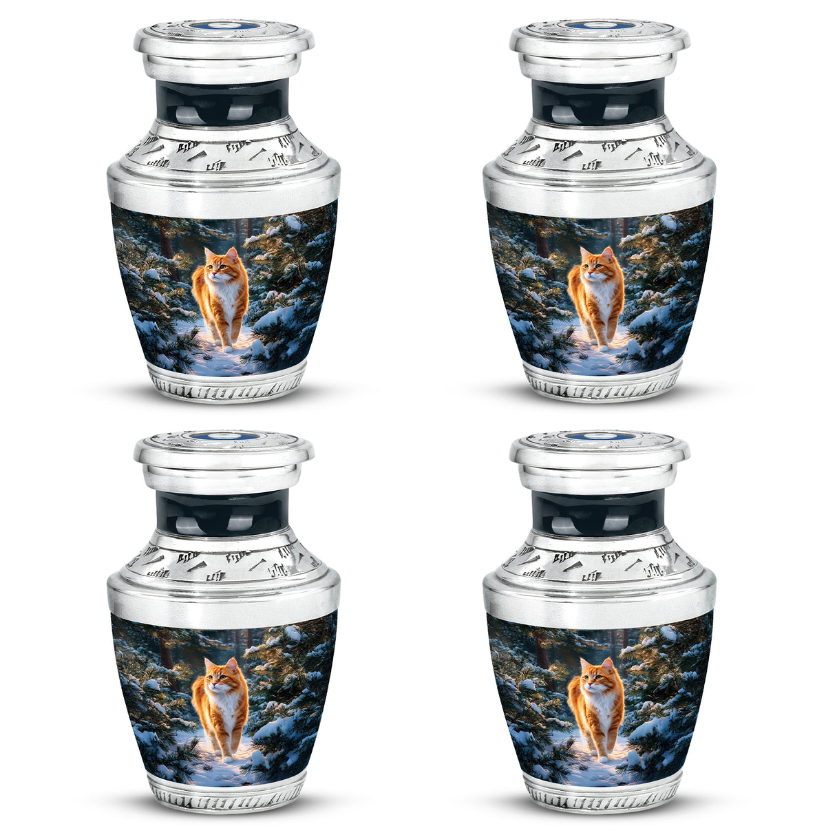 Powder Blue Cat Cremation Urn back view with polished surface - modern art-inspired cat motif on sleek aluminum - 10 inch aluminum urn for cremated remains
